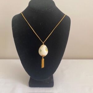 Vintage Real Egg Necklace Blue & Yellow Flowers on Gold Tone Chain with Tassel
